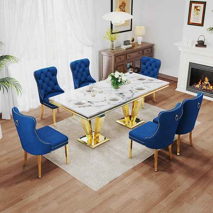7 Piece Luxury Dining Room Set, Modern Dining Table and Upholstered Chairs Set, Marble Kitchen Table Set for 6, Big Kitchen Dinner Tables Kit with Silver Base