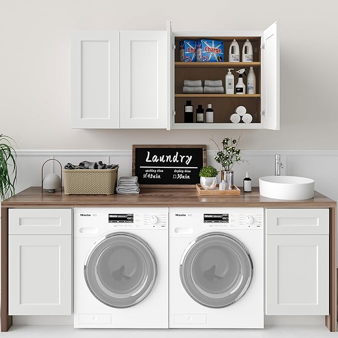 30 Inch Laundry Room Cabinets Wall Mounted, Solid Wood Over The Toilet Storage Organizer, White Shaker RTA Kitchen Wall Cabinet with 2 Shaker Door & Shelves, Large Space for Bathroom, Garage