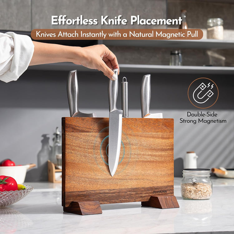 Double-Sided Magnetic Knife Block โ 13.8.5 x 9.1 Inch Walnut Wood Knife Holder with 24 Powerful Magnets, Universal Knife Storage Stand with Non-Slip Base & Sharpening Rod