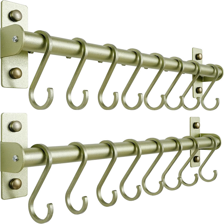 Dseap Kitchen Utensil Holder Hanger, Pot and Pan Rack Wall Mounted, Kitchen Rail with 8 Hooks for Hanging Cooking Utensils, Mugs, Spoons, Wall Mounted, Champagne Color, Pack of 2