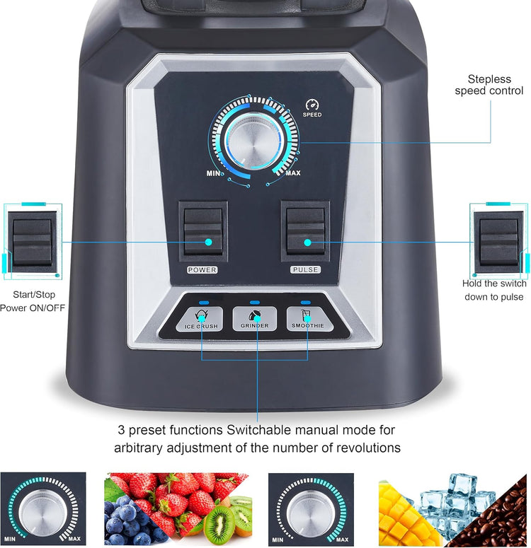 Biolomix Professional Blender, 2200W 3 Automatic Program Blender For Kitchen,2L capacity with 600ML Portable Bottle,Smoothie Blender for Smoothie, Soup,Baby food,Grain grinding(Black)