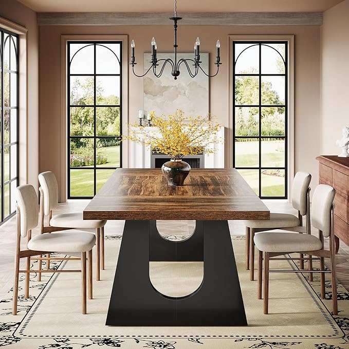 Tribesigns Large Dining Table for 6-8 People, 70.9-Inch Wood Rustic Rectangular Table with Black Wooden Legs, Farmhouse Center Kitchen Table for Dining Room, Living Room, Home Furniture (Dark Brown)
