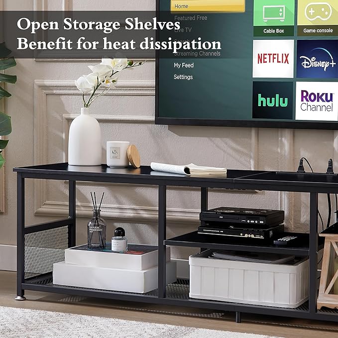 VECELO TV Stand with Power Outlets for Televisions up to 75Inch, 62" Media Entertainment Center with Charging Station 3-Tier Open Storage Shelves with Metal Frame for Living Room/Bedroom,Black