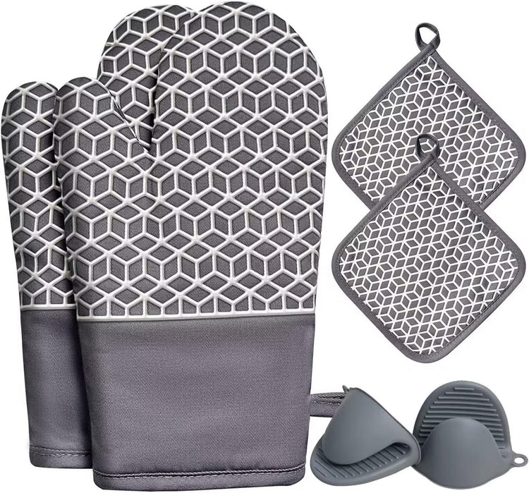 Oven Mitts and Pot Holders Sets 6pcs, Thick Cotton Oven Gloves High Heat Resistant 500℉with Extra Long Oven Mitts and Hot Pads Potholders with Non-Slip Silicone Surface for Cooking Baking