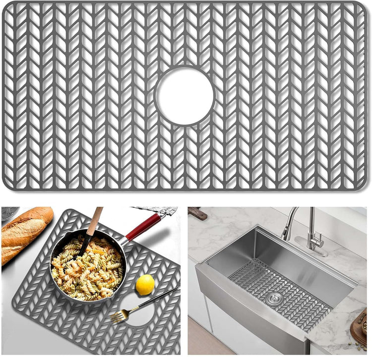 GUUKIN Sink Protectors for Kitchen Mat - 30"x 16" Silicone Kitchen Sink Mat Grid for Bottom of Farmhouse Stainless Steel Porcelain with Center Drain(Grey)