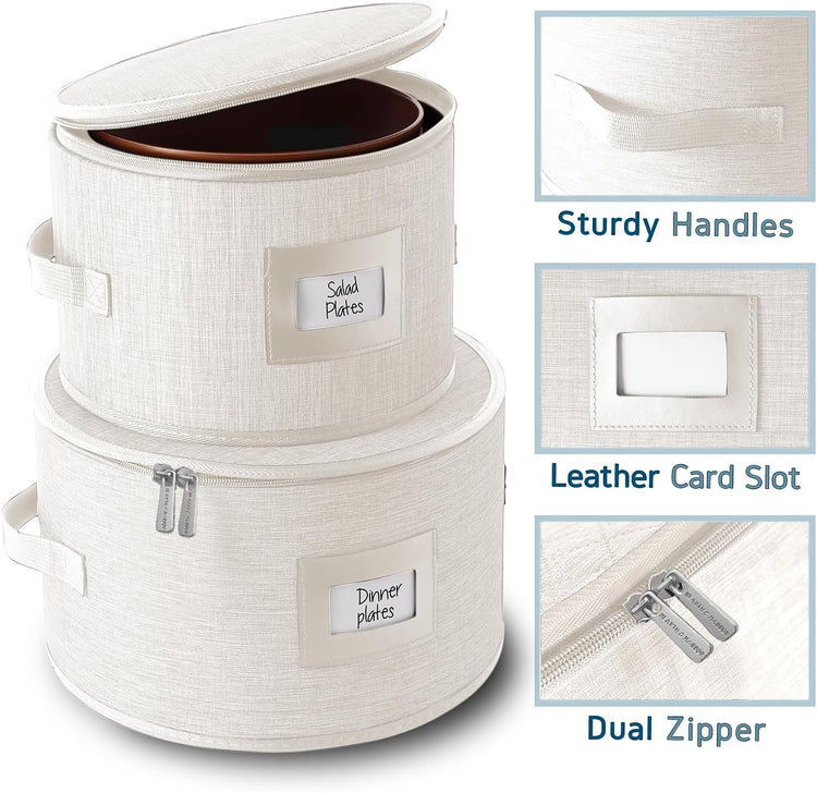 Fine China Storage Containers, 5 Piece Quilted Dish Storage Containers, Mug, Cup, and Plate Dish Organizer with Felt Dividers, Service of 12 Dinnerware Boxes for Moving, Seasonal Organization, Cream