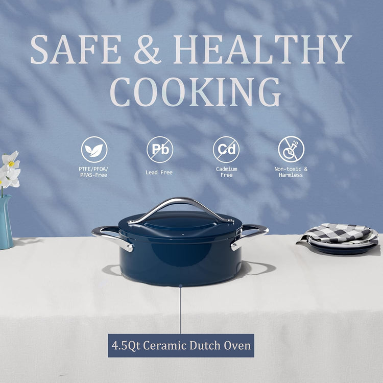Stock Pot 4.5qt Dutch Oven with Lid (9.5") Nonstick Ceramic Coated Non-Toxic PFAS-Free Even Heat Distribution for Braising, Baking Bread & Soups, Compatible for All Cooktops(Induction/Gas/Electric) Oven Safe to 500ยฐF (Navy Blue)