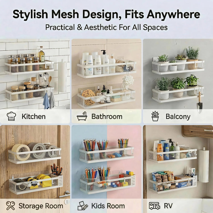 5-in-1 16.5" Extra Long Slim Wall Mount Wrapped Mesh Kitchen Organizer & Shower Caddy Kit, with Paper Towel Holder, Utensil Holder, Soap Dish, Holds 50LBS - White, Netting
