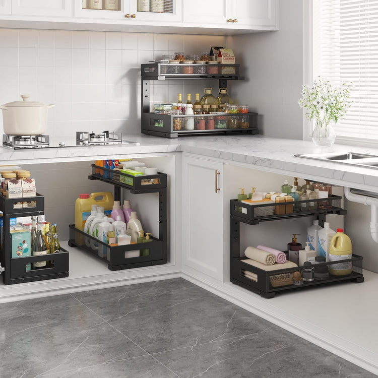 2 Pack 17IN Depth Under Sink Storage Organizer, Large 2-Tier Elegant Mesh Pull Out Shelf for Kitchen and Bathroom Cabinet Organization, L-Shaped and Adjustable Height Design-Black