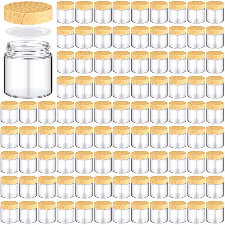 12 Pcs 4oz Glass Jars with Lids Empty Small Glass Containers and Inner Liners Reusable Cosmetic Jars Round Airtight Bottles with Plastic Wood Grain Lids for Travel (12 Count)