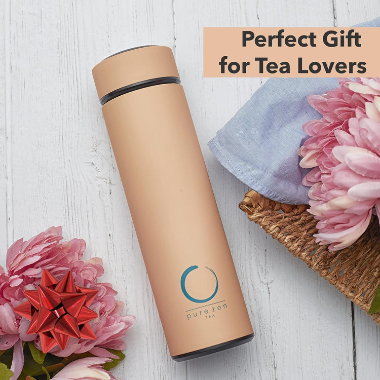 Pure Zen Tea Thermos with Infuser for Hot and Cold Infusions - Stainless Steel - Tea Infuser Bottle - Leakproof Travel Mug with Filter - 15oz - Pink