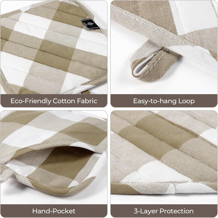 Cotton Pot Holders for Kitchen Heat Resistant Potholder, Hot Pads, Trivet Coaster Non-Slip Potholders Set for Cooking and Baking (2, Light Brown Plaid, Square,8.27 in²)