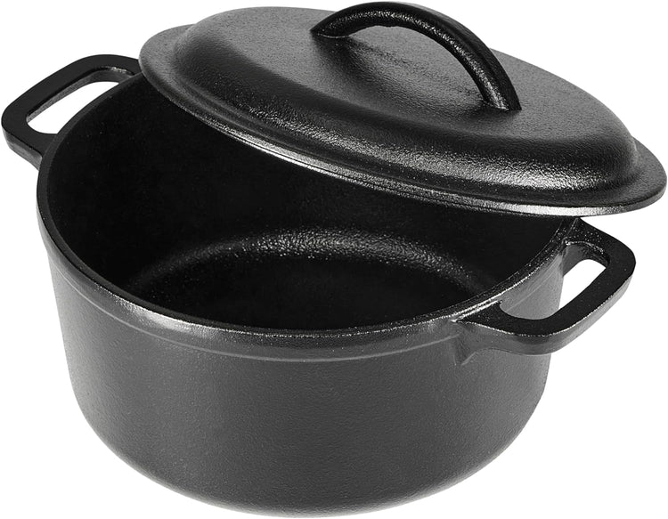 Amazon Basics Round Pre-Seasoned Cast Iron Mini Dutch Oven Pot with Lid and Dual Handles, 2-Quart, Black - Nestoria
