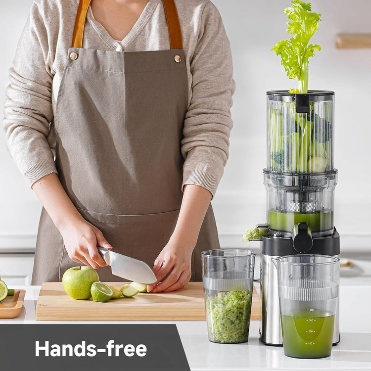 AMZCHEF Cold Press Juicer, 4.5" Juicer Machines with Large Feed Chute for Whole Fruits & Vegetables, Stainless Steel Juice Extractor with Large Auger, Dual Strainers, Easy Cleanup & Assembly