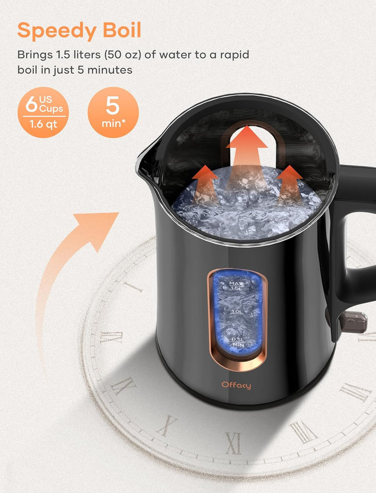 Offacy Electric Kettle, Tea Kettle Pot, Double Wall Glass Inner 1.5L/1200W, Hot Water Kettle Teapot Boiler & Heater with Automatic Shut Off, BPA-Free & LED Indicator Lights, Black