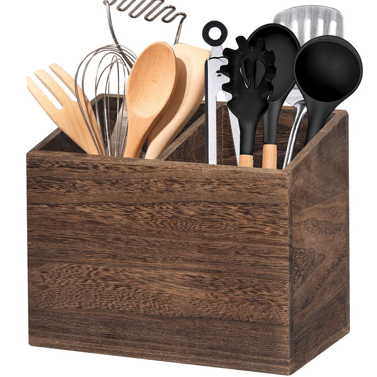 Wooden Kitchen Utensil Caddy With 2 Compartments