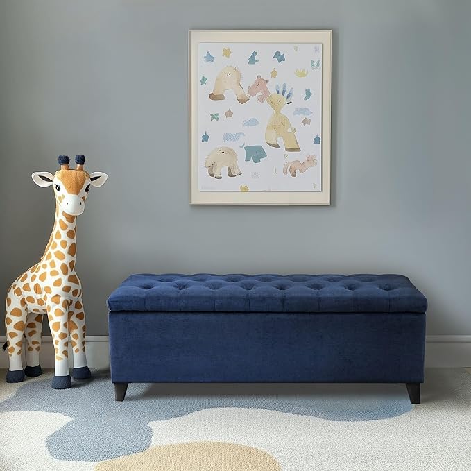 Madison Park Entryway Accent Bench for Living Room Flip Top Storage Chest, Shandra Tufted Top Upholstered Storage Bench End of Bed for Bedroom Furniture, Indoor Seating, 49"Wide, Navy