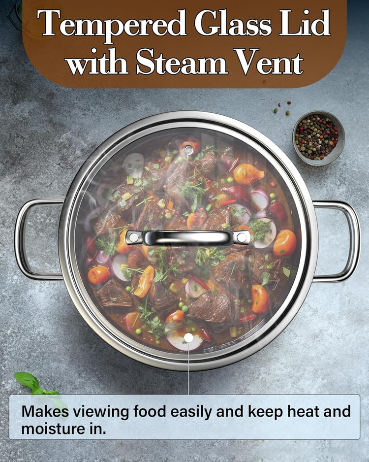 Cook N Home Stainless Steel Stockpot with Lid 7 Quart, Tri-Ply Clad Dutch Oven Soup Pot, Induction Cooking Pot, Silver
