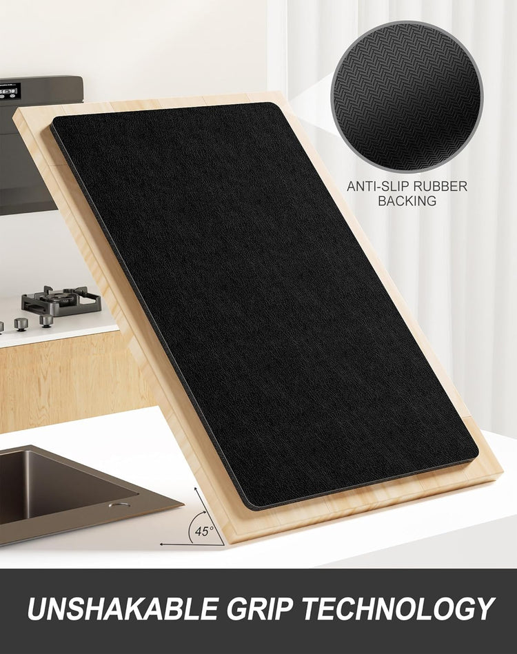 Rnivvi Dish Drying Mat for Kitchen Counter, XL 15 x 24" Super Absorbent Drainer Pad Easy Clean Dish Rack Pad, Non-Slip Heat Resistant Coffee Bar Mat for Coffee Machine Station Accessories Decor, Black
