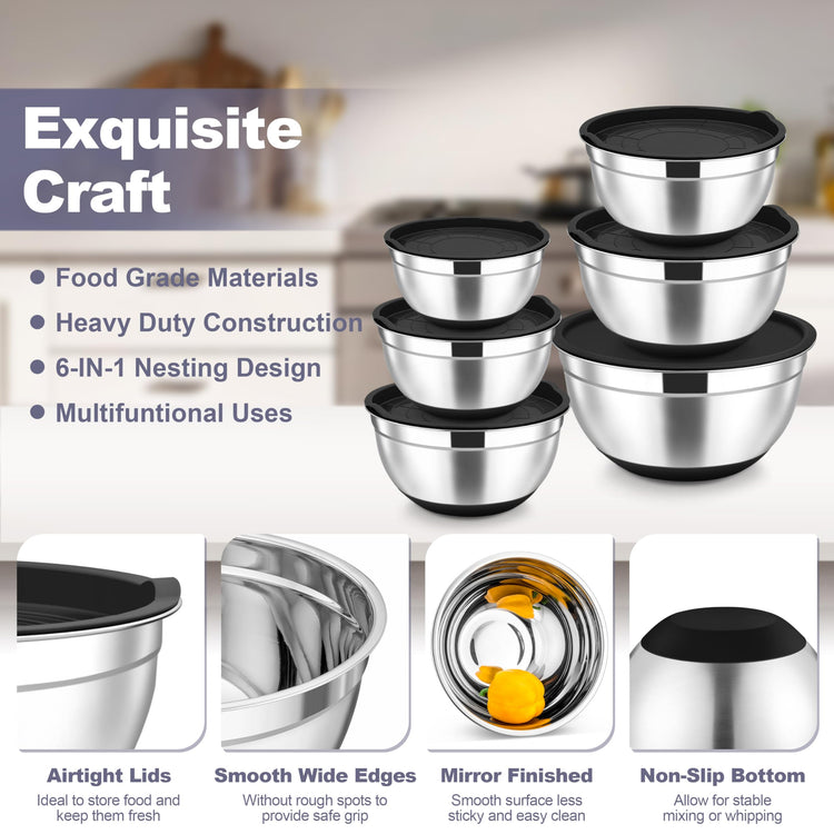 Mixing Bowls Stainless Steel Salad Bowl with Lid & Graters (6 Count)