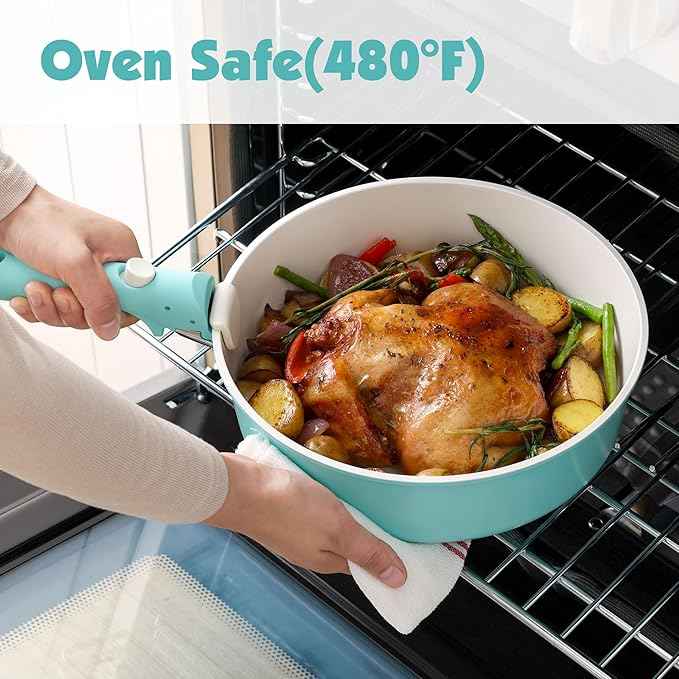 SENSARTE 24 Piece Ceramic Pots and Pans Set, Nonstick Detachable Handle Cookware, Induction Cookware Set with Removable Handle, Healthy Non Stick for RV, Dishwasher&Oven Safe, PFOA Free (Turquoise)