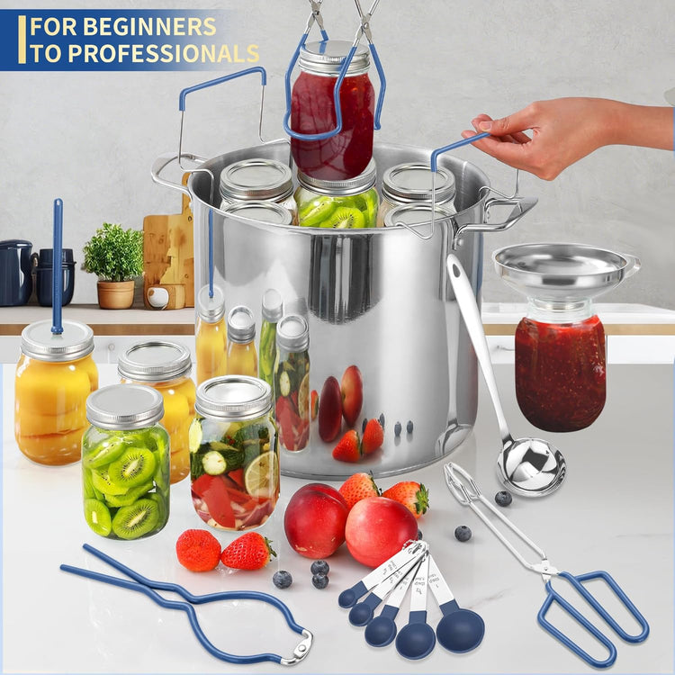 Canning Supplies Starter Kit,Canning Kit for Beginners of 12 with Rack,Silicone Oven Gloves,Jar Lifter,Funnel,Wrench,Tongs,Lid Lifter,Bubble Popper,Labels,ladle,Measuring spoon-G12-Blue