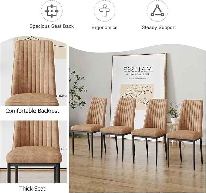 Modern Dining Chairs Set of 4 Kitchen Chairs Set Leathaire Fabric Chair with Metal Leg High Back Upholstered Chair for Dinner Room, Waiting Room(Set of 4, Brown Chair), Onesize