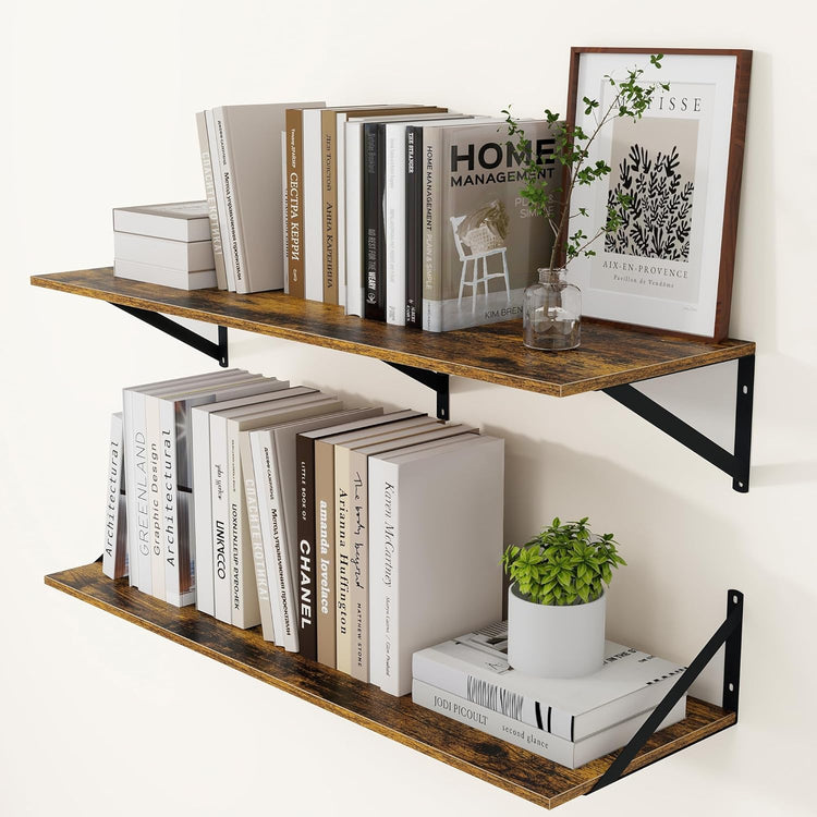 Heimlove Deep Floating Shelves for Wall, 36W x 12D Wood Wall Shelves Set of 2, Wide Floating Bookshelf for Living Room, Kitchen, Office, Bedroom and Decor Storage, with Metal Bracket - Rustic Brown