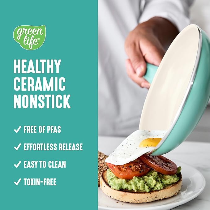 GreenLife 8 Piece Nonstick Cookware Set, Non-Toxic PFAS-Free Ceramic Pots & Pans, Dishwasher & Oven Safe, Frying, Sauce, Stock Pot, Glass Lids, Stay-Cool Handles, Wobble Free, Turquoise