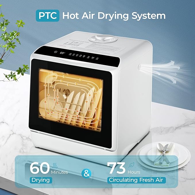 EUHOMY Countertop Dishwasher Portable with 6 Programs, 5L Built-in Water Tank for Apartments & RV, 167โ High-Temp, No Hookup Needed, Mini Dishwasher with Baby Care, Air Dry/Quick/ECO/Fruit/Normal Mode