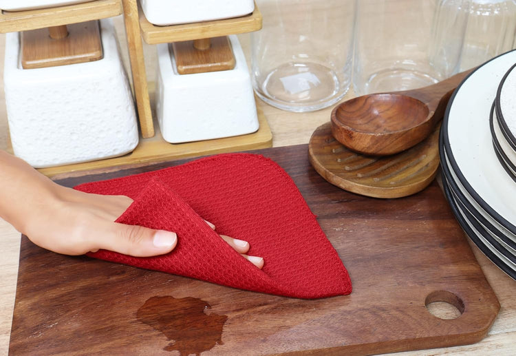 PurpleEssences Dish Cloths and Dish Rags - 8 Pack Waffle Weave Solid Kitchen Dish Wash Cloths, 100% Cotton, 12 x 12 Inches, Ultra Soft Absorbent Quick Drying - Red - Nestoria