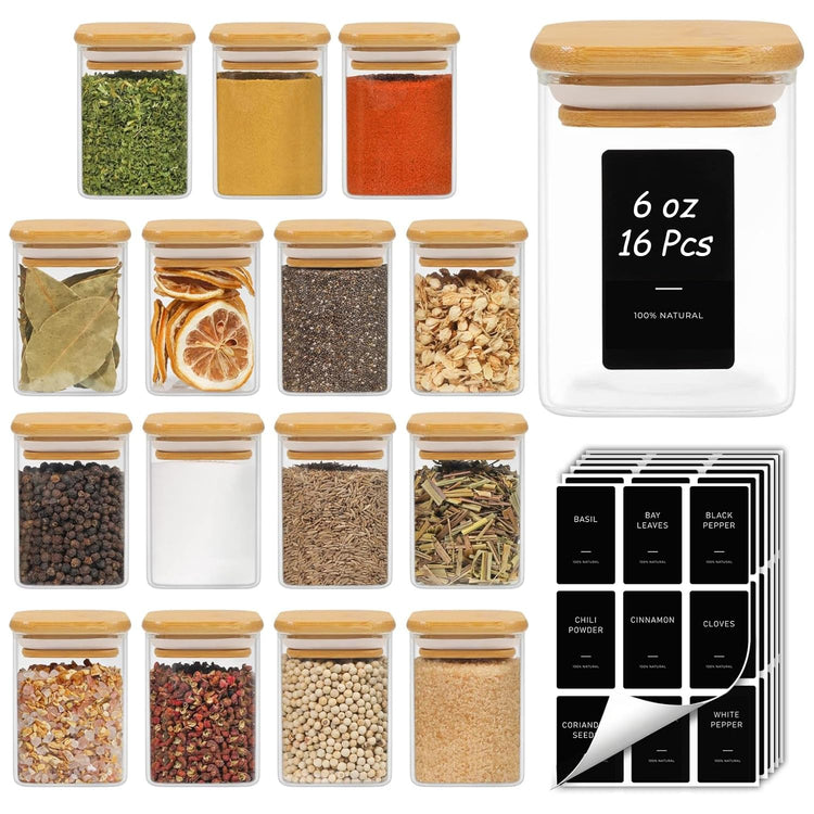 Glass Spice Jars with Labels 6 oz 16 Pack Small Square Bamboo Lids (16 Count)