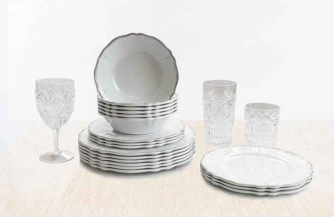 Le Cadeaux 18 Piece Luxury Melamine Dinnerware Set, Service for 6 (Rustica Antique White)