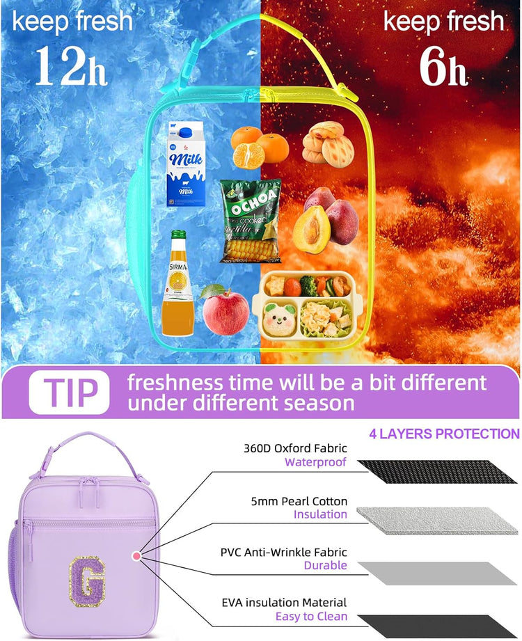 Initial Insulated Lunch Bag for Girls Kids, Back to School Gift, Reusable Leak-proof Lunch Box with Adjustable Strap for School Daycare Travel Picnic (Purple,G)