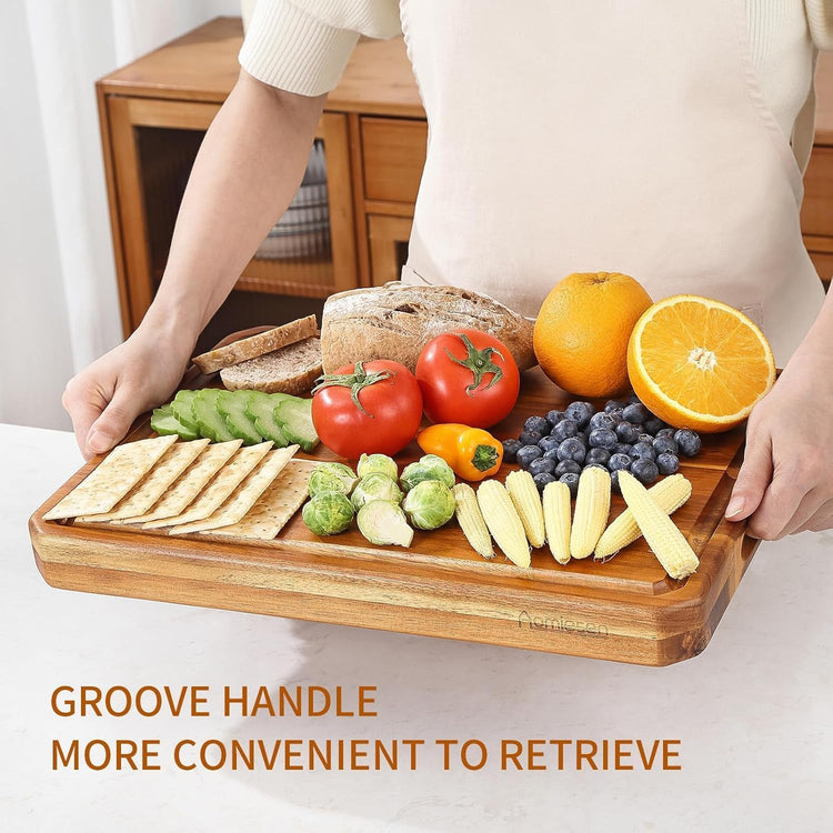Large wood Cutting Board for Kitchen with Juice Handles , Chopping Board Cheese Charcuterie Board (Striped cutting board)
