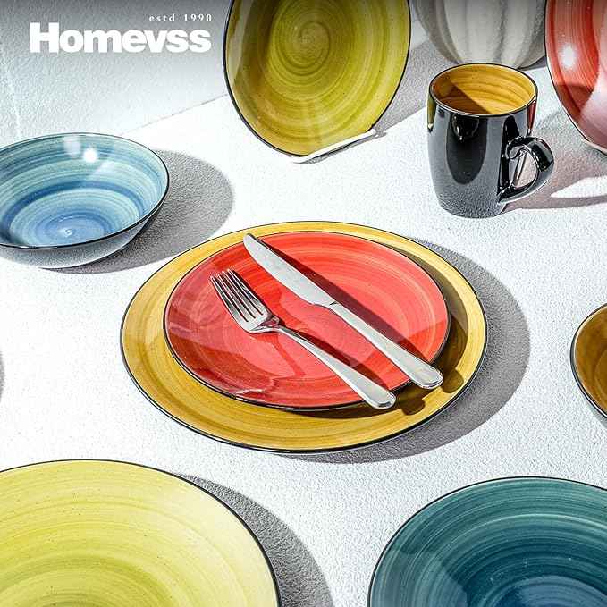 Stoneware Sonoma 16pc Dinnerware Set, Black + Speckled Spin Wash, Mix Blue, Green, Red, Yellow