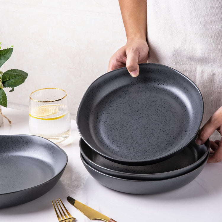 AmorArc Ceramic 9.75 inch Large Flat Pasta Bowls, 38oz Wide Bowls Set of 4 for Kitchen, Oven,Microwave&Dishwasher Safe Bowls with Wavy Rim for Pasta Salad Dinner, Speckled Black