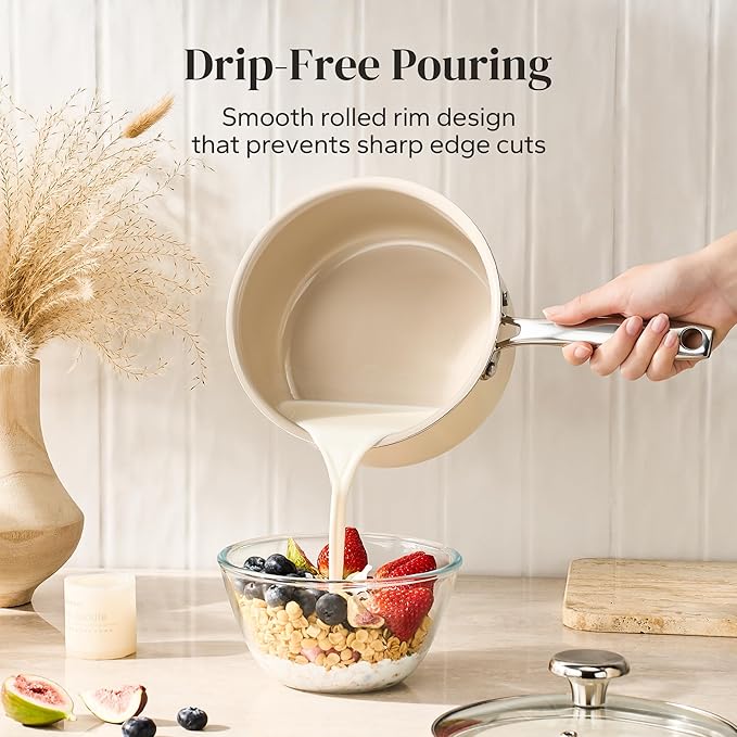 Redchef Sauce Pan & Frying Pan Set, 8" Ceramic Nonstick Fryingpan & 2.5Qt Saucepan with Lid, Mini Cookware Set, Induction Compatible, Nontoxic PTFE PFOA Free, Oven & Dishwasher Safe, Beige