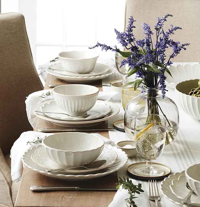 Lenox Stoneware Dinnerware Sets, French Perle Scallop 12-Piece Dinnerware Set for 4, Service For 4, Dishwasher Safe Dishware, White Dishes Set, Stoneware Dinner Plates and Bowls Sets (White, 12 Piece)