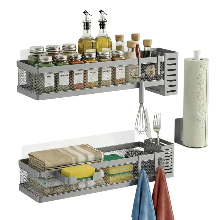 5-in-1 16.5" Extra Long Slim Wall Mount Wrapped Mesh Kitchen Organizer & Shower Caddy Kit, with Paper Towel Holder, Utensil Holder, Soap Dish, Holds 50LBS - Silver Gray, Netting