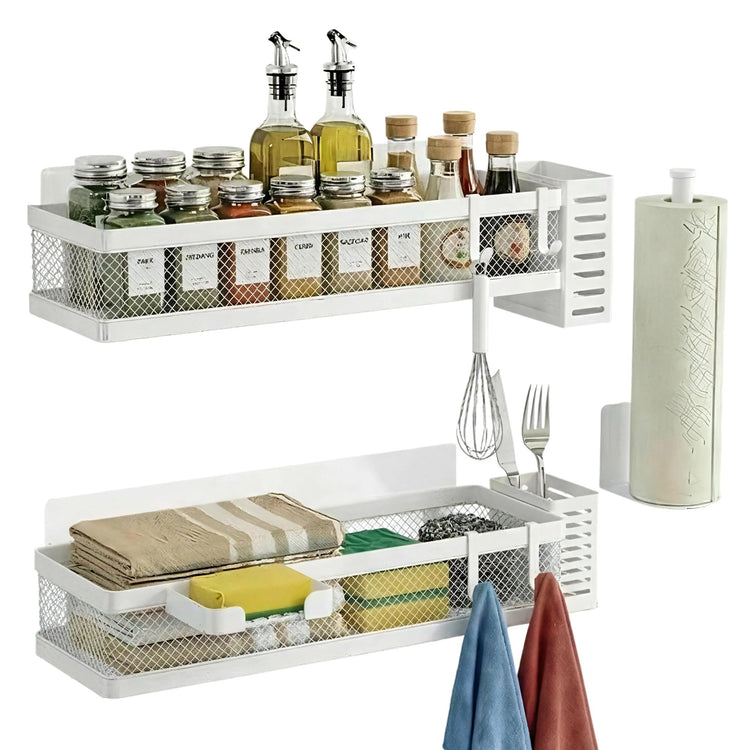 5-in-1 16.5" Extra Long Slim Wall Mount Wrapped Mesh Kitchen Organizer & Shower Caddy Kit, with Paper Towel Holder, Utensil Holder, Soap Dish, Holds 50LBS - White, Netting