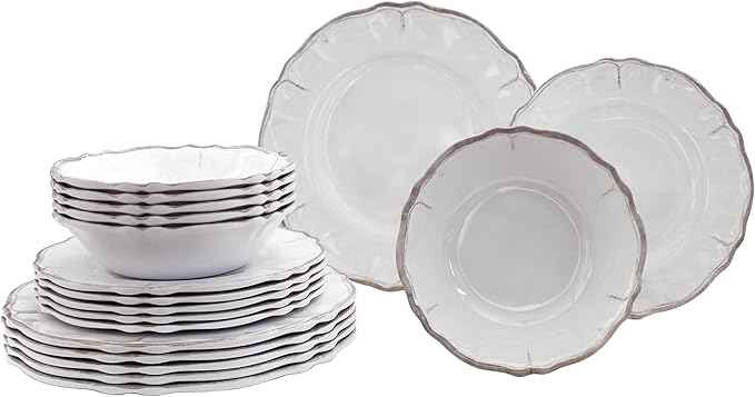 Le Cadeaux 18 Piece Luxury Melamine Dinnerware Set, Service for 6 (Rustica Antique White)