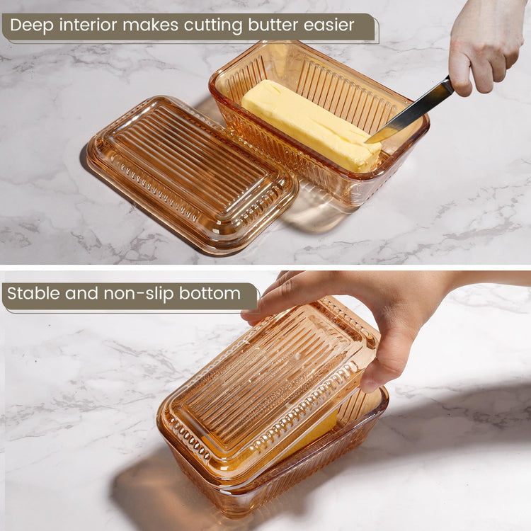 Wide Vintage Country Amber Glass Butter Dish with Lid