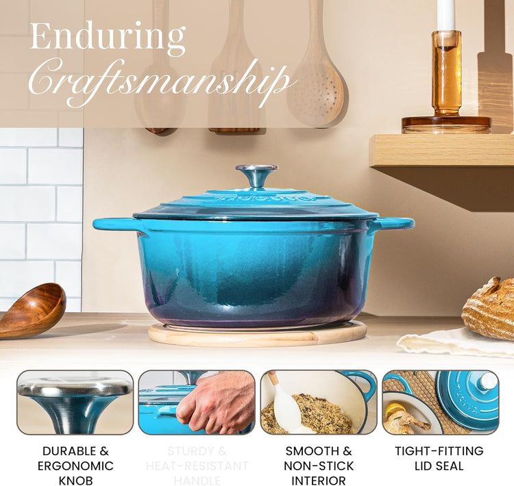 Nuovva Enamelled Cast Iron Dutch Oven Pot with Lid 6.4 Quart Non Stick Casserole Pot – Heavy Duty & Oven Safe up to 500° F for Bread Baking, Braising, Stews, Roasting – 28cm Light Blue - Nestoria