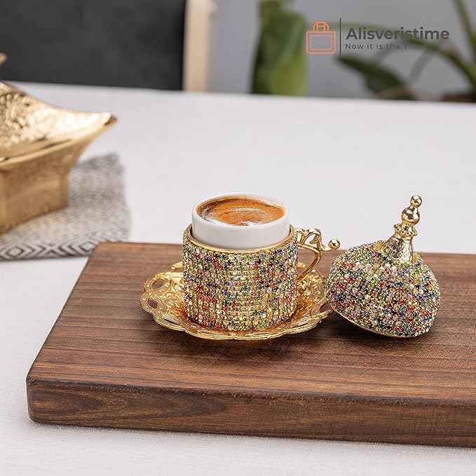 Alisveristime Crystal Embellished Turkish Coffee Set – 27 Pieces – Decorative Zamac Espresso Cups, Saucers and Sugar Bowl with Tray – Available in Three Color Variations (Multi)