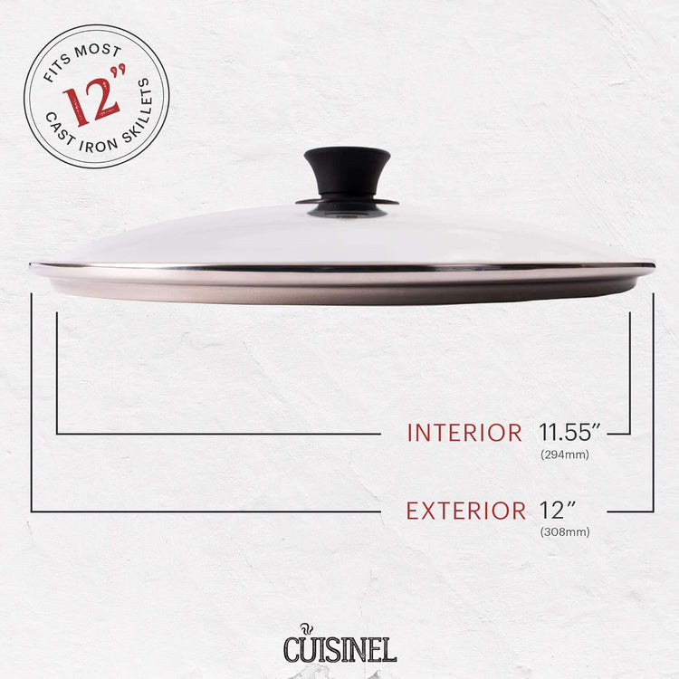 Glass Lid - 12"-inch/30.48-cm/308mm - Compatible with Lodge - Fully Assembled Tempered Replacement Cover - Oven Safe for Skillet Pots Pans: Universal for all Cookware: Cast Iron, Stainless, Non-Stick