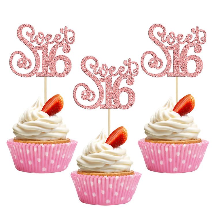 24 Pack 16th Birthday Cupcake Toppers Glitter Sixteen Happy Sweet 16 Cupcake Picks Cheers to 16 Years Old Cupcake Decorations for 16th Birthday Anniversary Party Cake Supplies Rose Gold (24 Count)