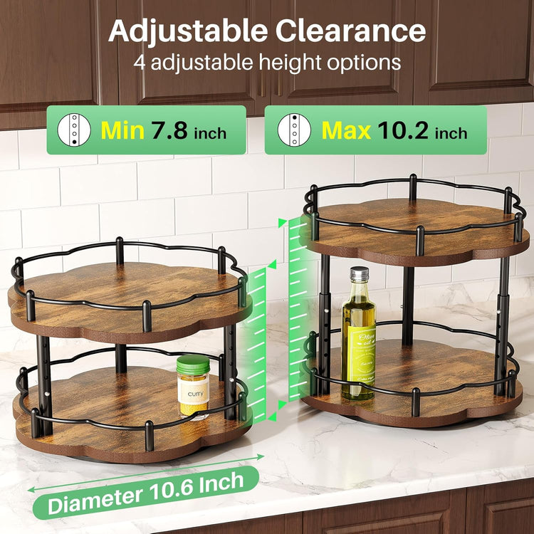 Lazy Susan Spice Rack Organization for Cabinet - 2 Tier Adjustable Height Lazy Turntable Spice Organizer for Kitchen Countertop & Pantry, Wood 10 Inch Seasoning Storage, Black