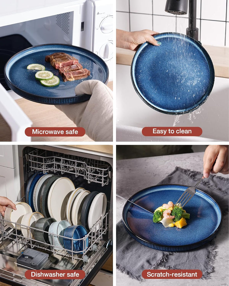 Famiware Star Dinnerware Set, Plates and Bowls Sets for 4 (12pcs), Ribbed Stoneware Dishes - Chip & Scratch Resistant, Microwave & Dishwasher Safe, Multicolor - Cappuccino White & Nebulas Blue
