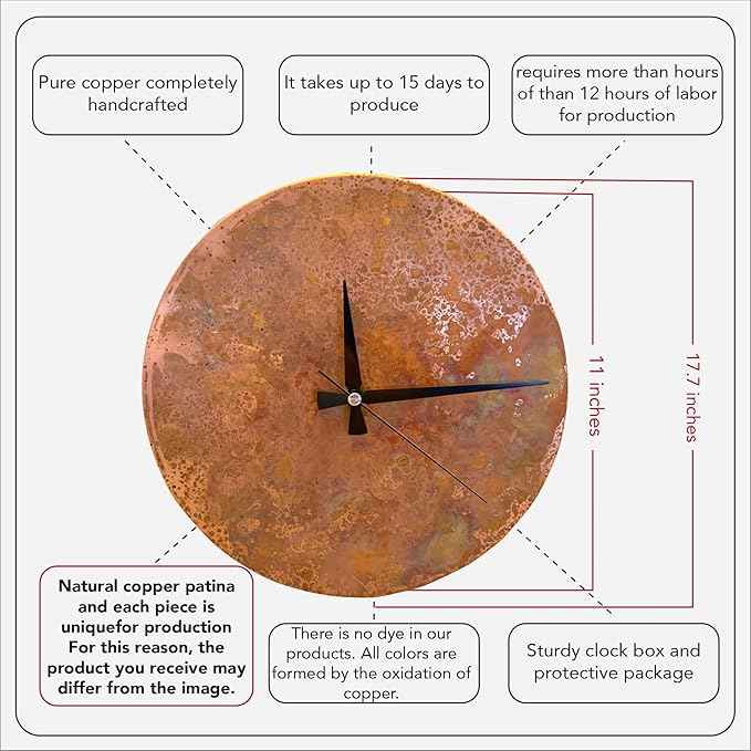 Handmade Copper Wall Clock Artisan Touch in Every Piece - Tree of Time Wall Decor Copper Clock for Living Room, Office, Kitchen & Bedroom (Rusty Clock, 17.7)
